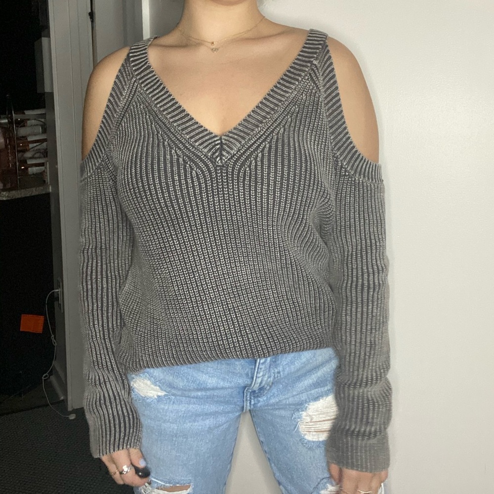 Gray Shoulder CutOut Sweater